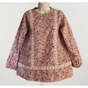 Lands End Floral Lace Trim Keyhole Shirt Womens M Pink Boho Peasant Cottage Y2K